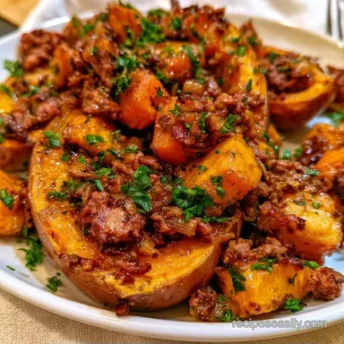 Baked Stuffed Sweet Potatoes with Beef Recipe Card