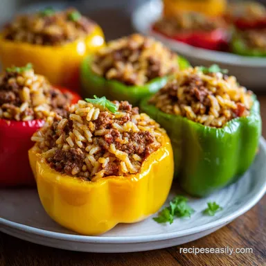 Easy Stuffed Bell Peppers with Ground Beef and Brown Rice Recipe: Baked Recipe Card
