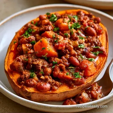Chili Stuffed Sweet Potatoes Meal Prep Recipe Card