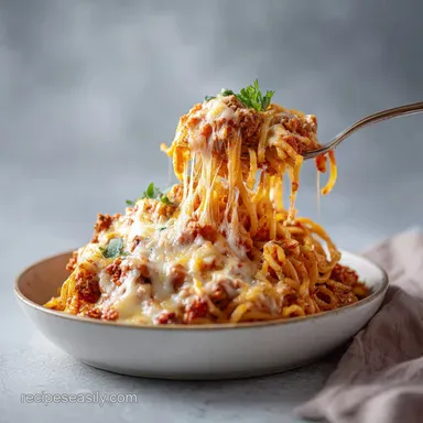 Baked Spaghetti Recipe with Creamy Meat Sauce for 10 Servings