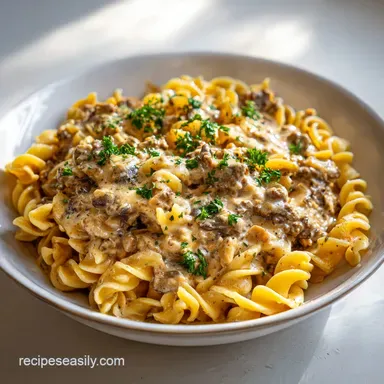Easy Ground Beef Stroganoff Recipe in 30 Minutes Recipe Card