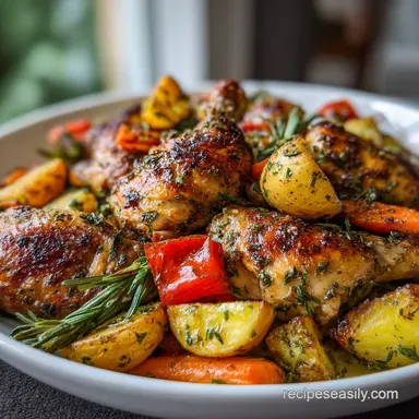 Easy One Pan Roasted Chicken and Vegetables with Garlic and Herbs: Crispy Baked Recipe Card