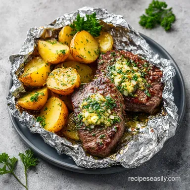 Steak Potato Foil Packets with Garlic Butter for 4 Servings Recipe Card