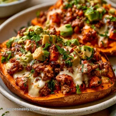 Taco Sweet Potatoes with Ground Beef Recipe Card