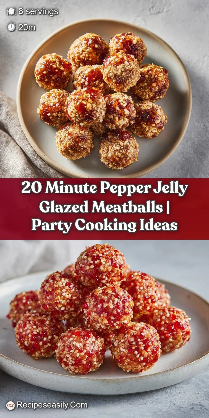 Close-up of a glossy, vibrant pepper jelly glaze coating perfectly formed meatballs, with subtle signs of heat.