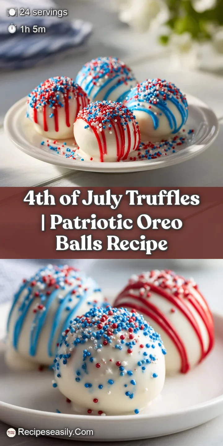 Close-up of a glossy, fudgy truffle with a satisfyingly smooth texture and vibrant red, white, and blue candy bits.