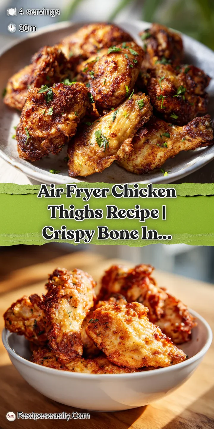 Close-up of air fryer chicken thigh: golden, blistered skin with visible herbs and juicy sheen. Tempting and delicious loo...