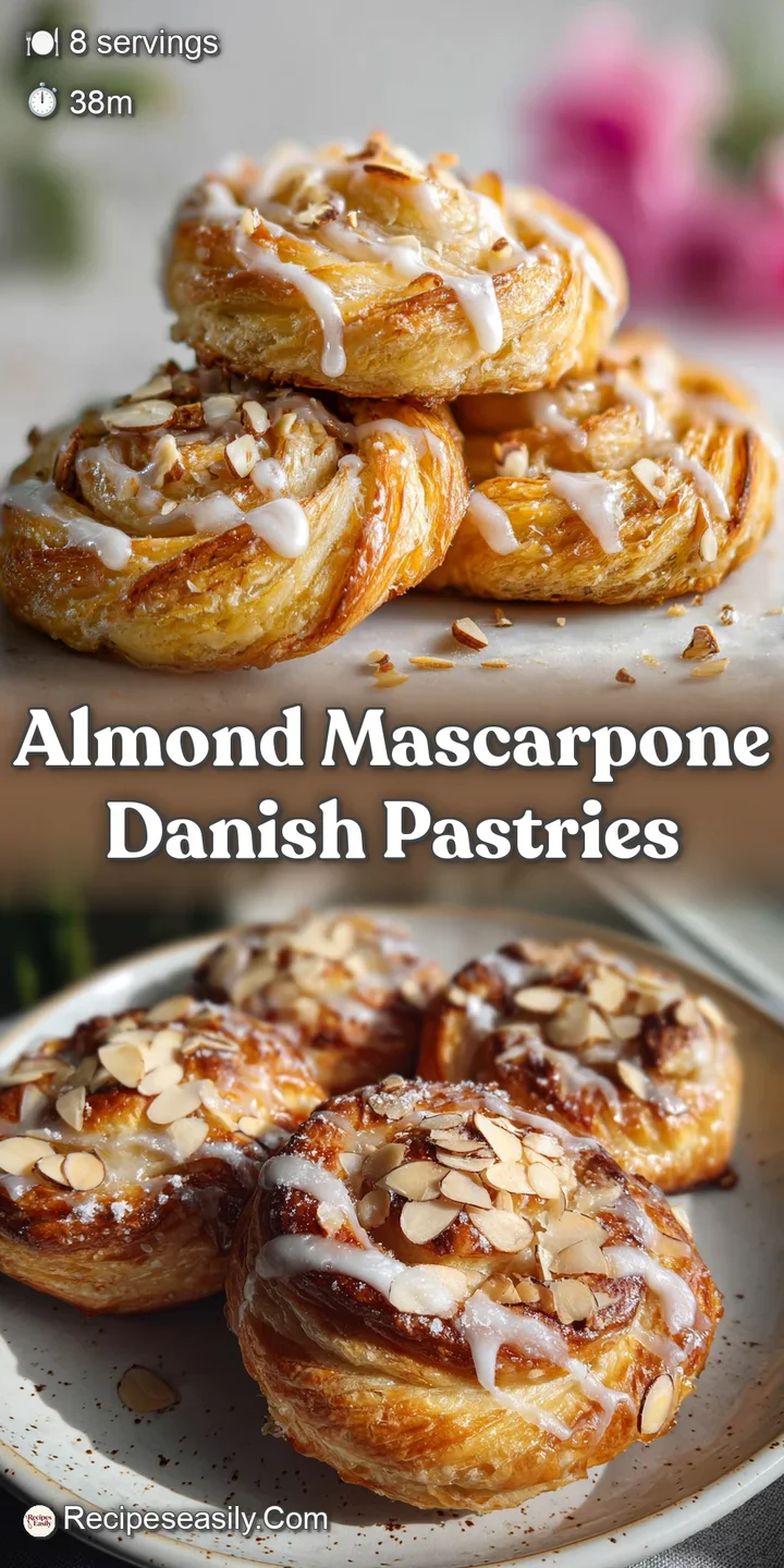 Close-up of a flaky, almond-topped Danish, its creamy mascarpone filling peeking through golden layers. Inviting and delic...