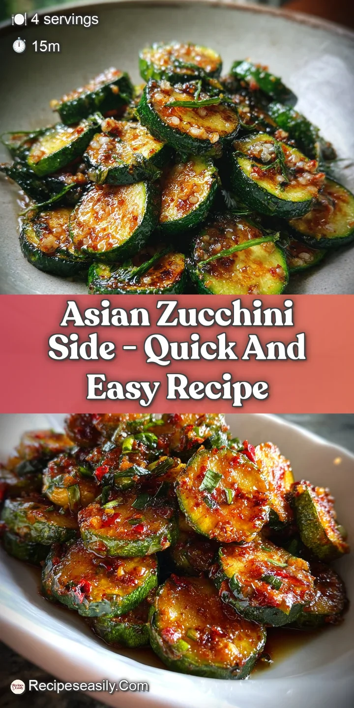 Close-up of glistening zucchini, showing the crisp edges and flavorful sauce, scattered with red chili and sesame seeds.