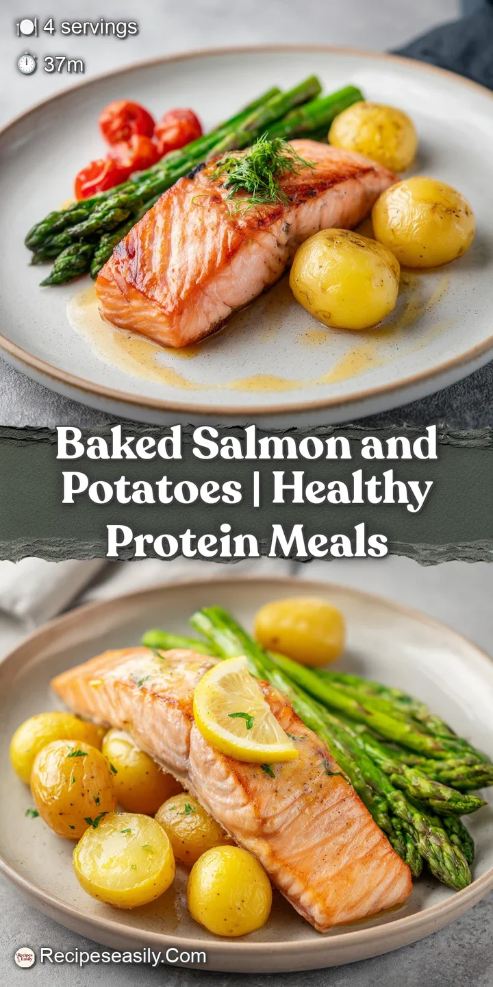 Close-up of moist, flaky pink salmon meat and charred golden potato edges with a glisten of olive oil and sea salt.