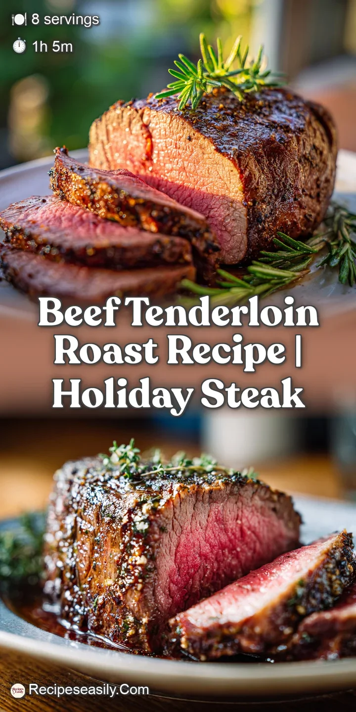 Close-up reveals juicy, tender beef tenderloin slice, glistening with rendered fat and speckled with herbs, inviting and f...
