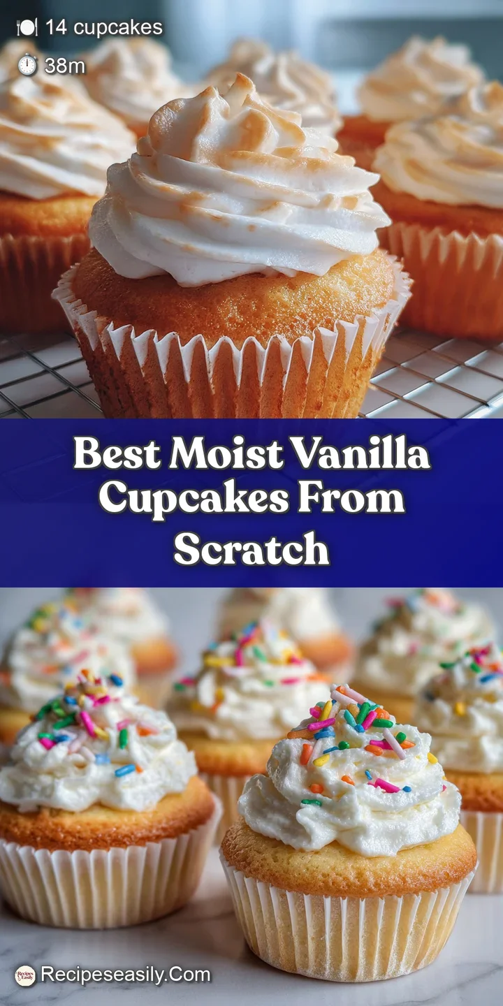 Close-up of a vanilla cupcake with rich, smooth frosting. Soft, inviting texture and sugary sprinkles visible.