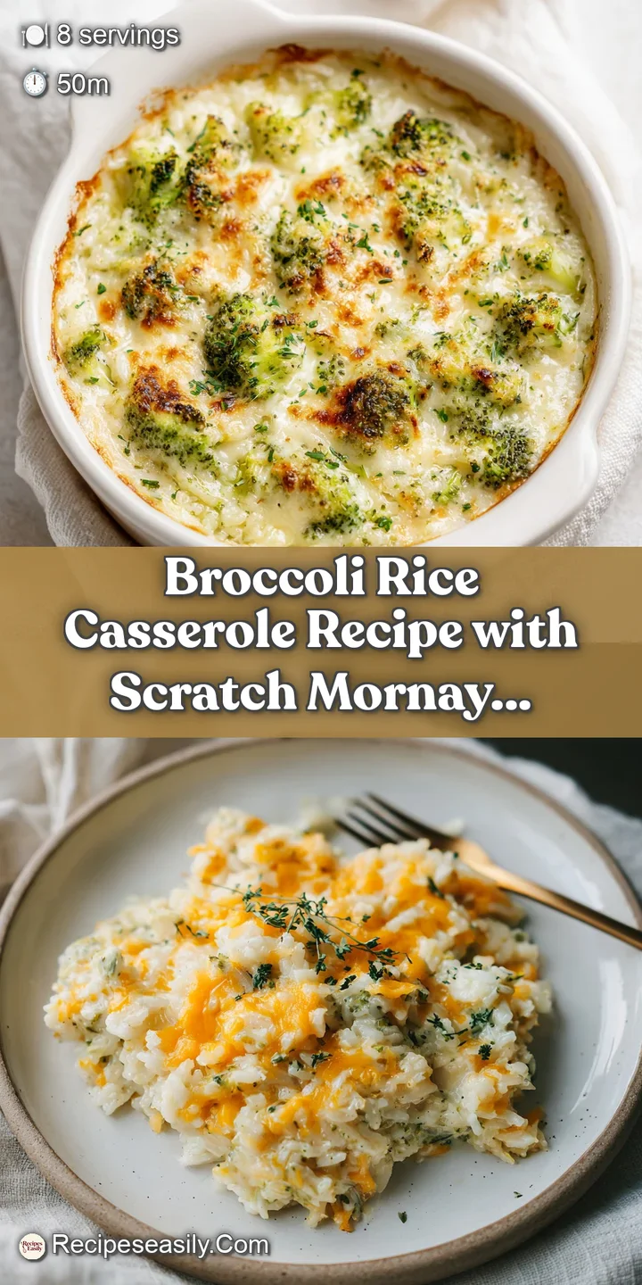 Close-up of a creamy broccoli rice casserole. The velvety sauce coats tender rice and broccoli, with a tempting, toasted top.