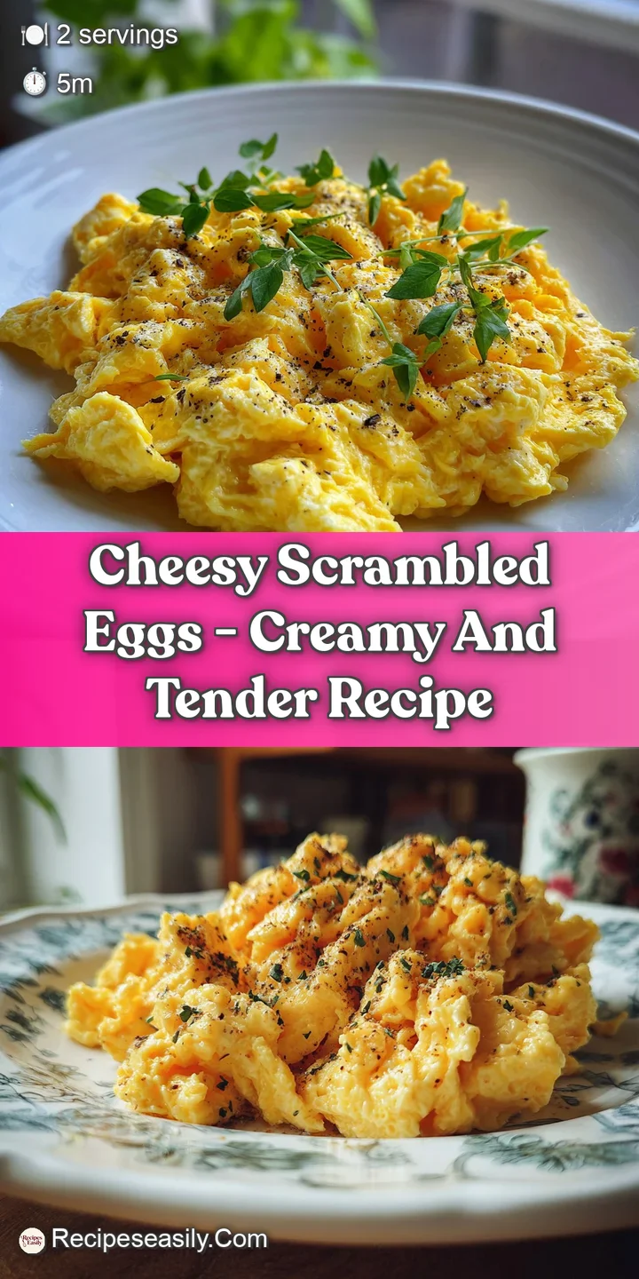 Close-up of creamy, yellow scrambled eggs with gooey melted cheese, highlighting the soft texture and warm, comforting vis...