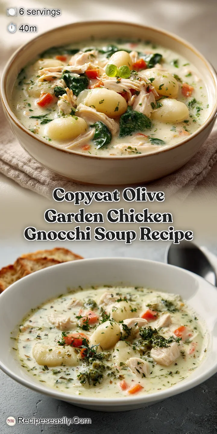 Close-up of creamy soup swirling with tender chicken, soft potato gnocchi, and bright green spinach, promising warmth and ...