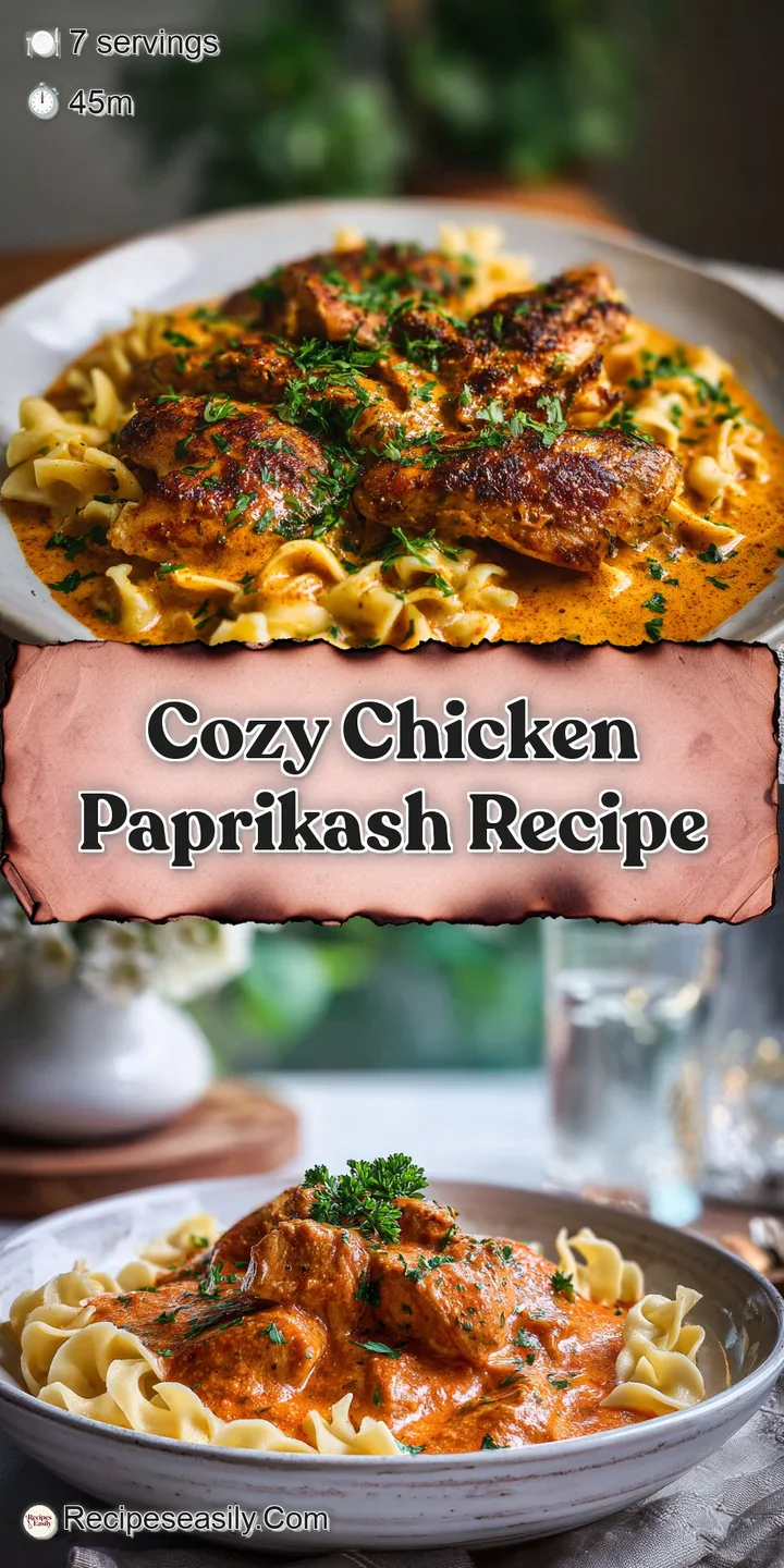 Close-up of glistening chicken paprikash, showing the depth of the sauce and a sprinkle of bright paprika. A truly invitin...