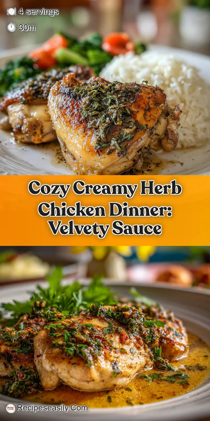 Close-up of tender chicken bathed in creamy sauce, speckled with fresh herbs. Potatoes look soft and inviting.