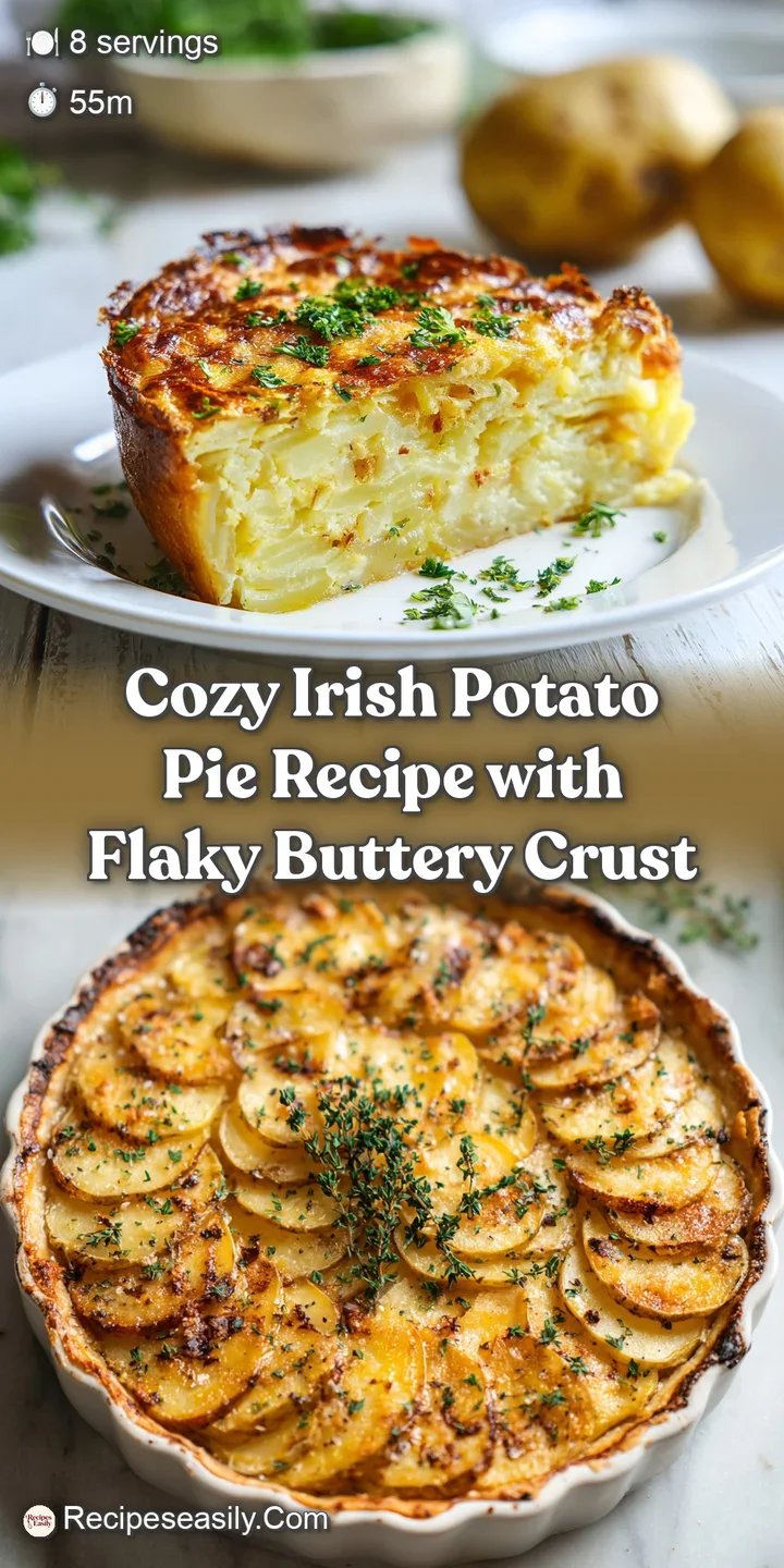 Close-up view of a savory potato pie, showing the bubbling, golden-brown crust and creamy filling. Inviting and warm.