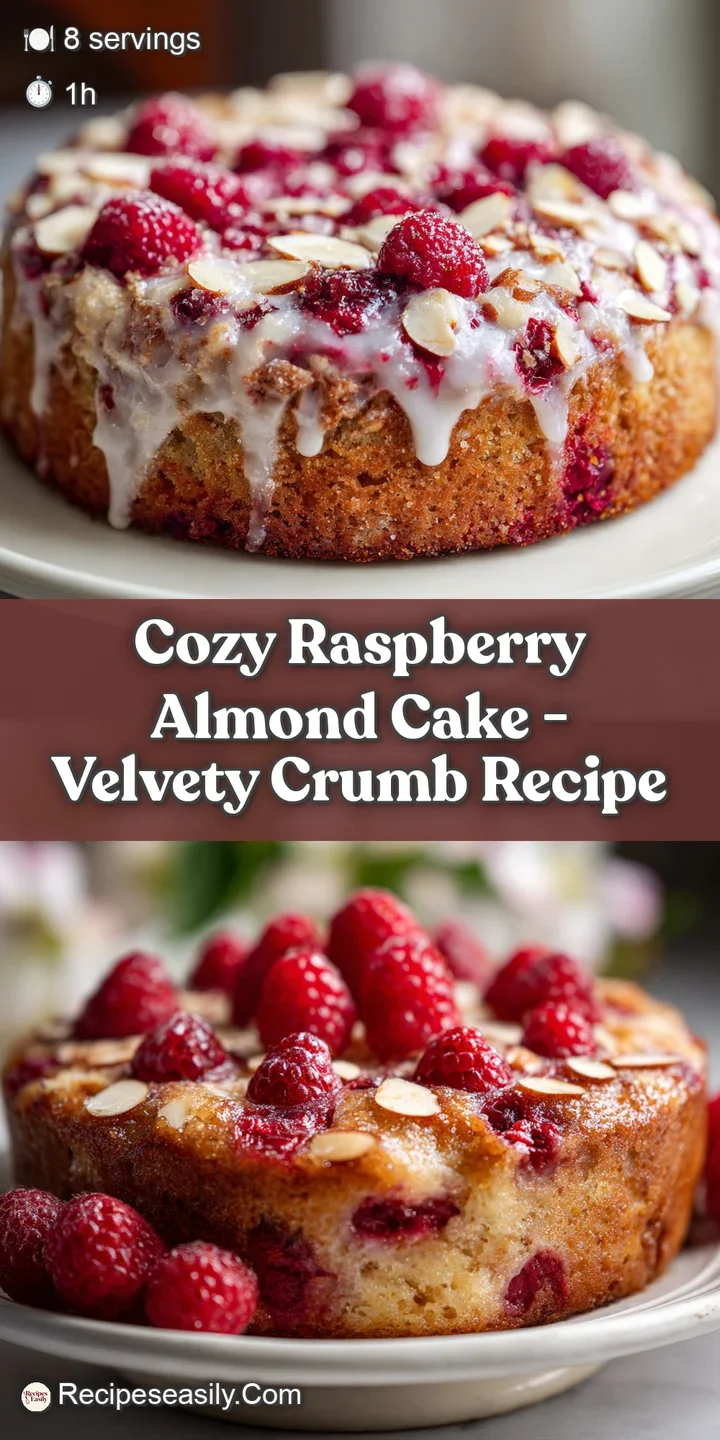 Close-up of a raspberry almond cake, revealing its flaky crust, juicy raspberries, and moist interior. Inviting warmth rad...