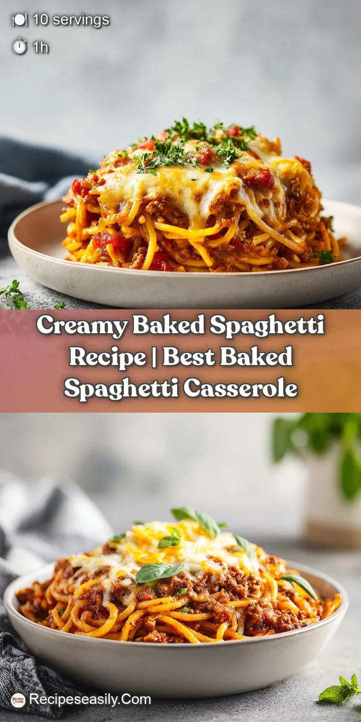 Close-up of tender spaghetti noodles coated in savory meat sauce, with melted, browned cheese bubbling.