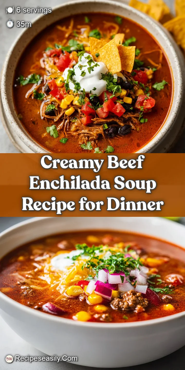 Close-up of steaming beef enchilada soup; melted cheese pulls and colorful toppings beckon with a promise of flavor.