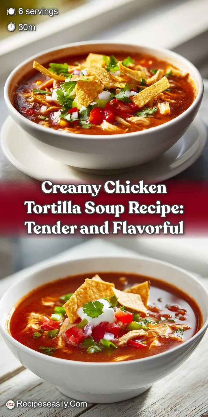 Close-up of creamy chicken tortilla soup showcasing tender chicken, colorful vegetables, and crunchy tortilla strips. Invi...