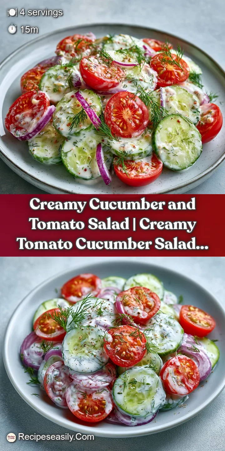Close-up of creamy white dressing clinging to crisp green cucumber slices and glistening red tomato wedges.