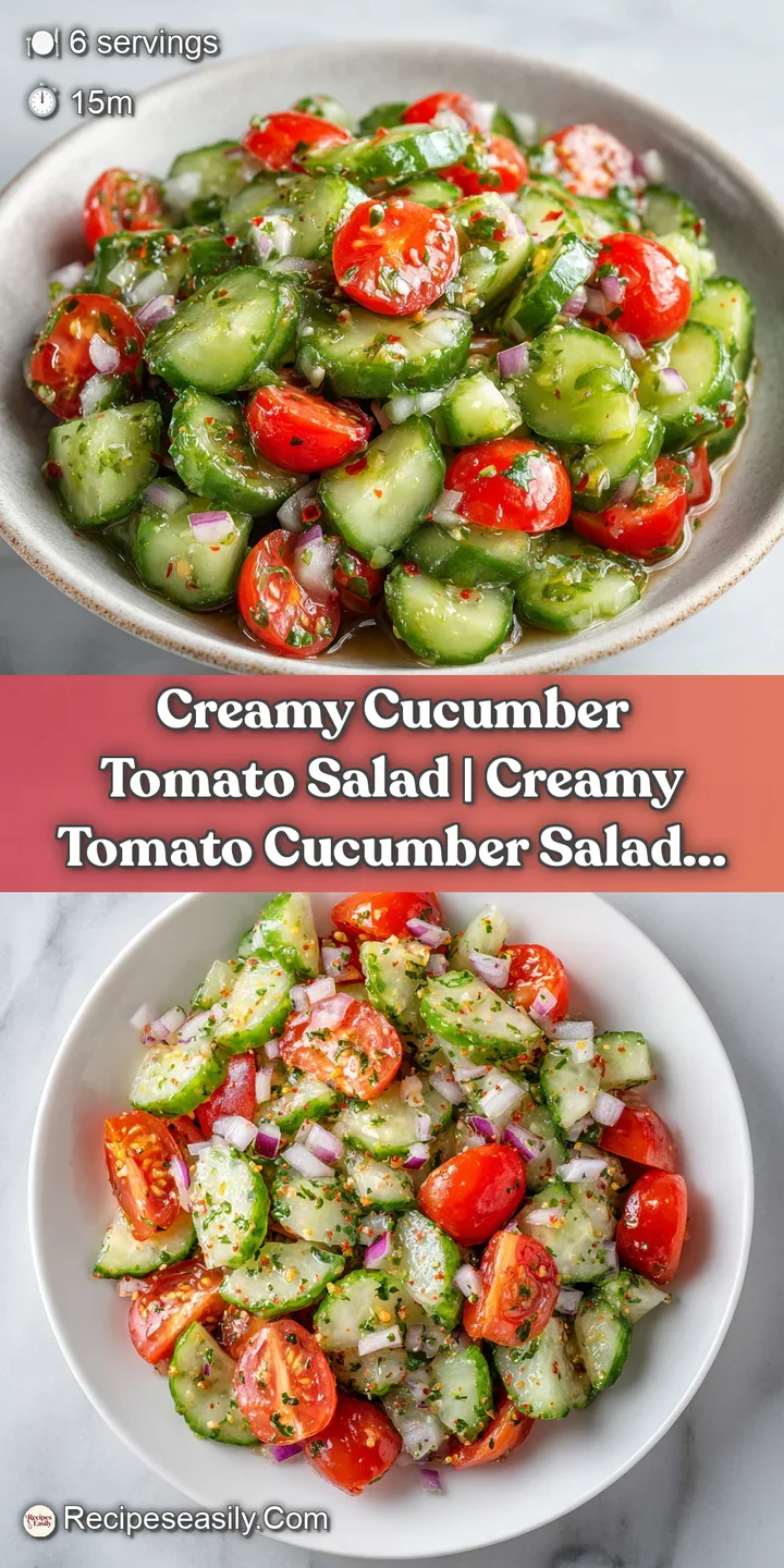 Close-up of creamy dressing clinging to crisp cucumber rounds and vibrant red tomato wedges with flecks of black pepper.