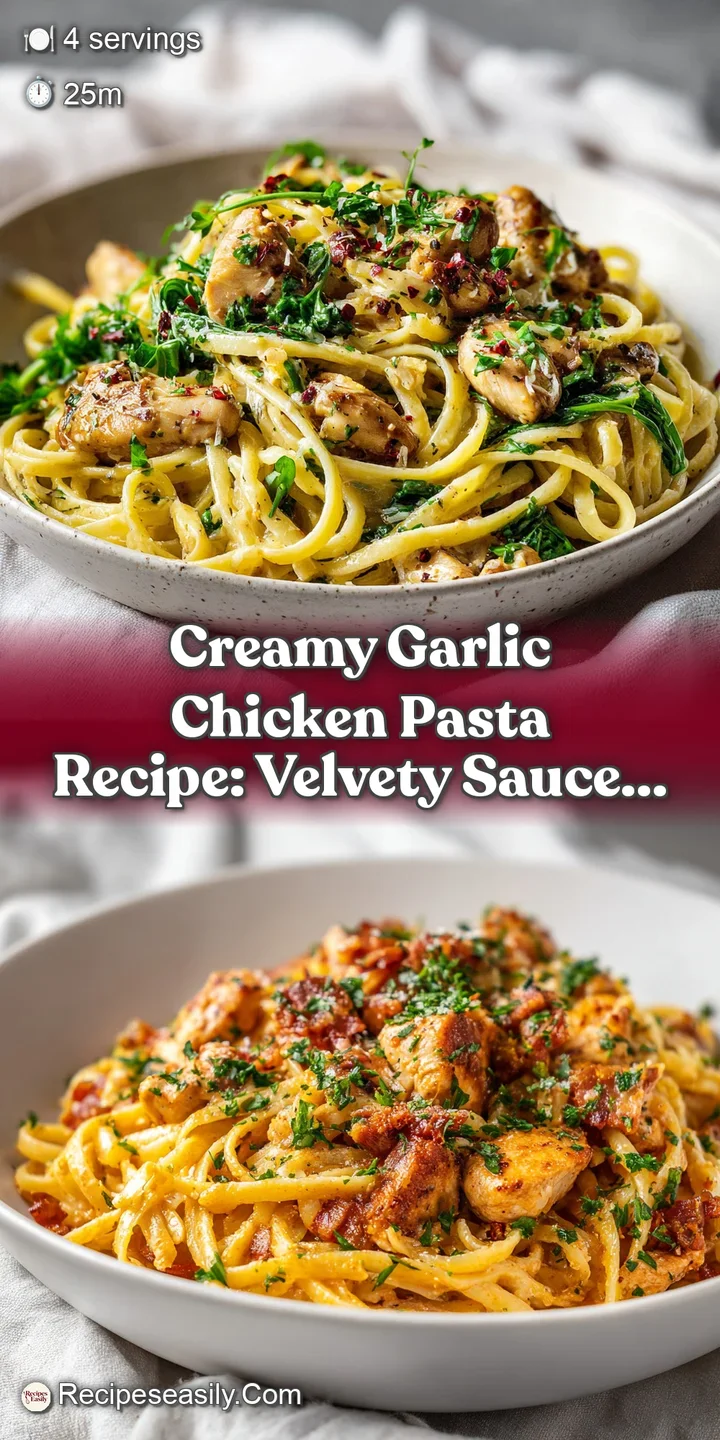 Close-up of creamy pasta twirled around a fork, showcasing tender chicken and a rich, glossy garlic sauce. Inviting and de...