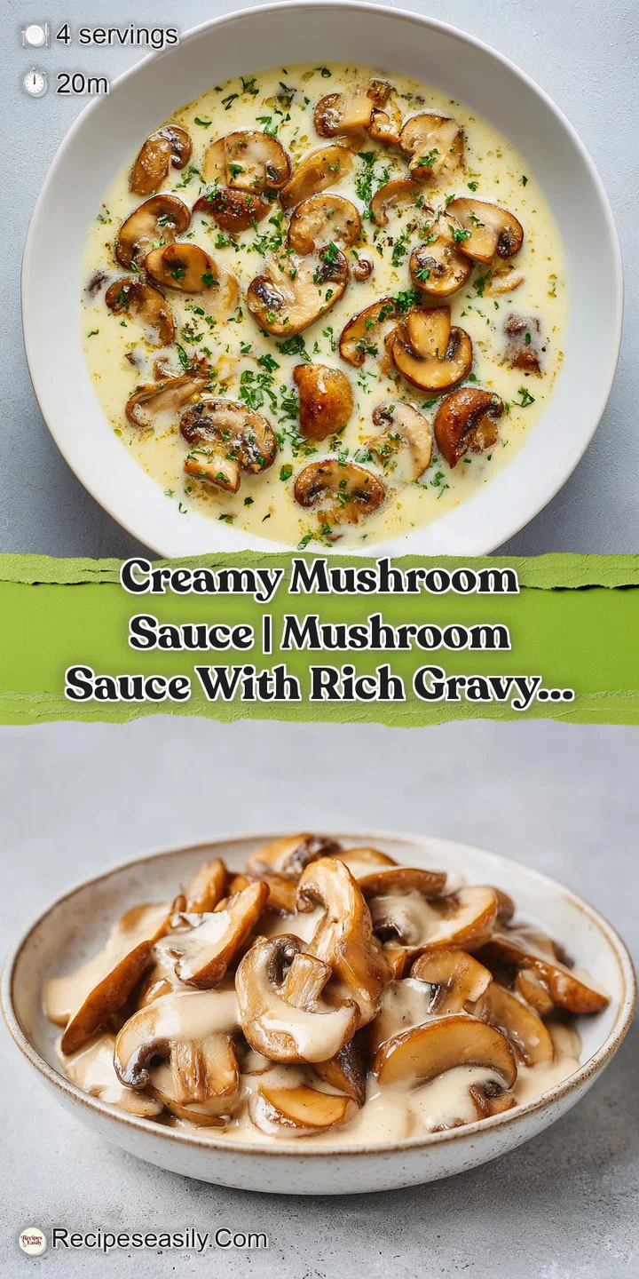 Close-up of rich, velvety mushroom sauce with earthy brown mushroom slices and a dusting of cracked black pepper.