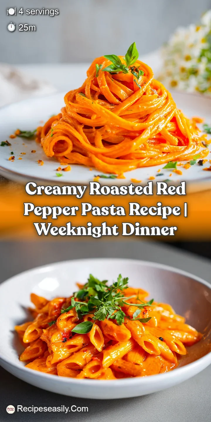 Close-up of glossy red pepper pasta with flecks of herbs and chili. Creamy, rich texture, perfect for a comforting meal.