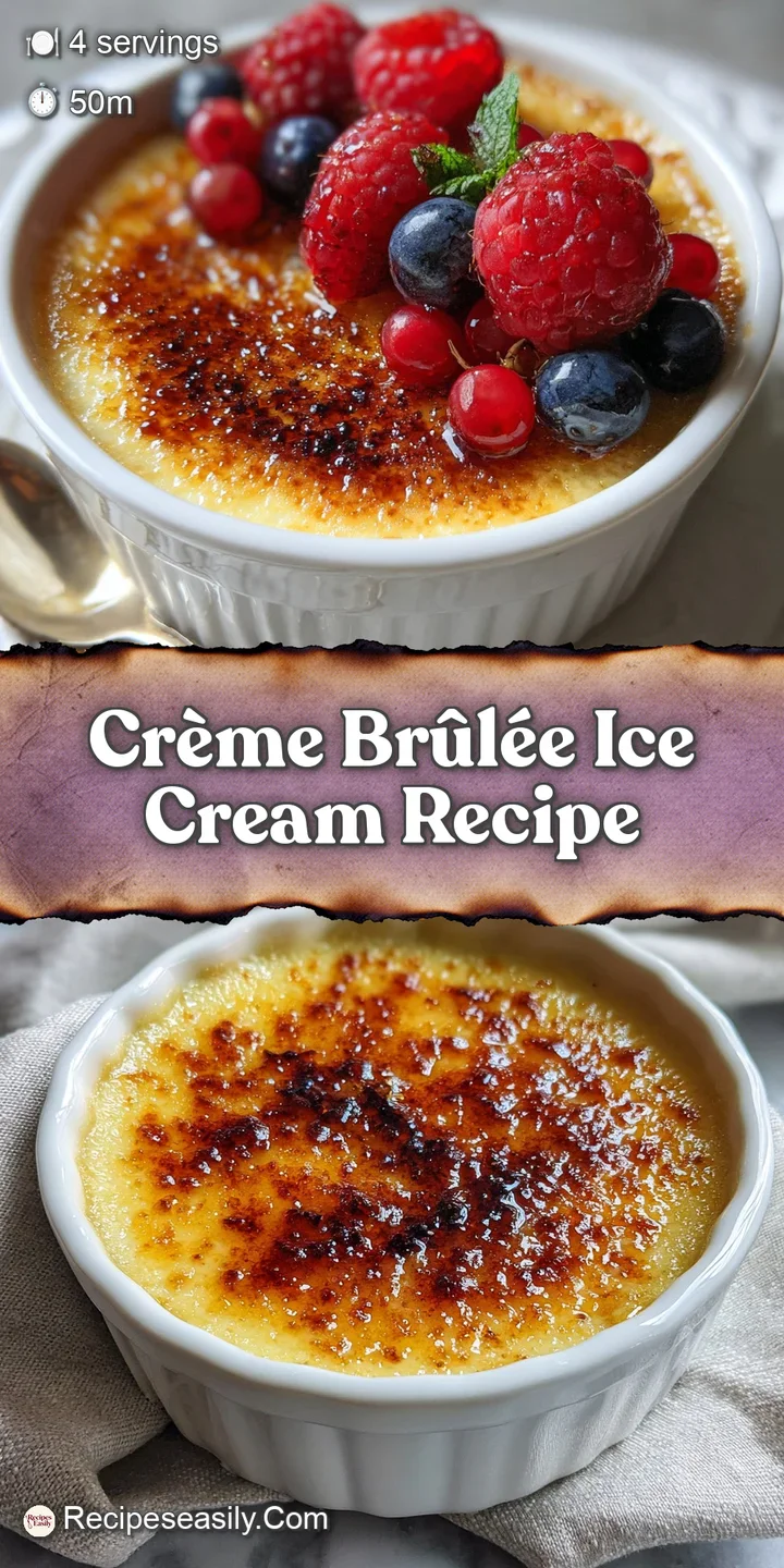 Creamy, pale-yellow ice cream with a crisp, amber-colored br&ucirc;l&eacute;ed topping; a tempting close-up of this frozen dessert.