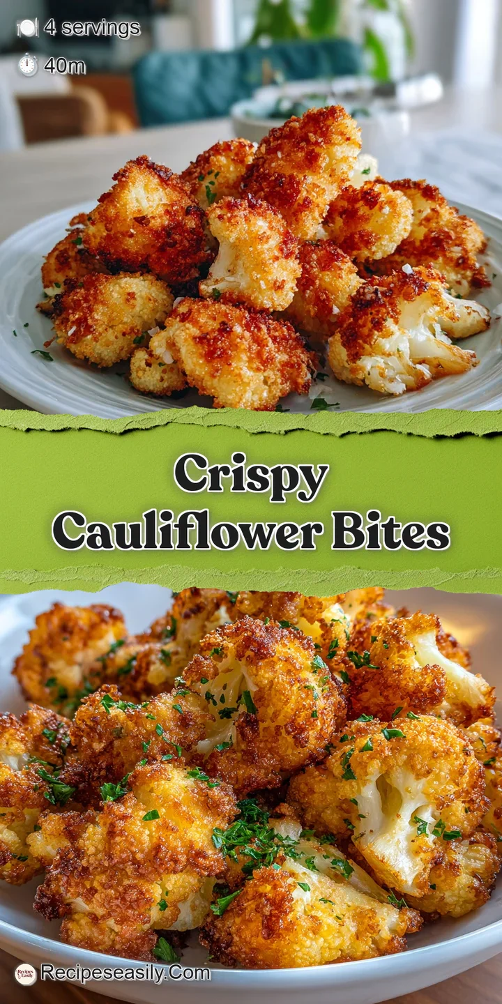 Close-up of crispy cauliflower bite, showcasing the golden-brown crust and tender white interior. Hints of herbs and spice...