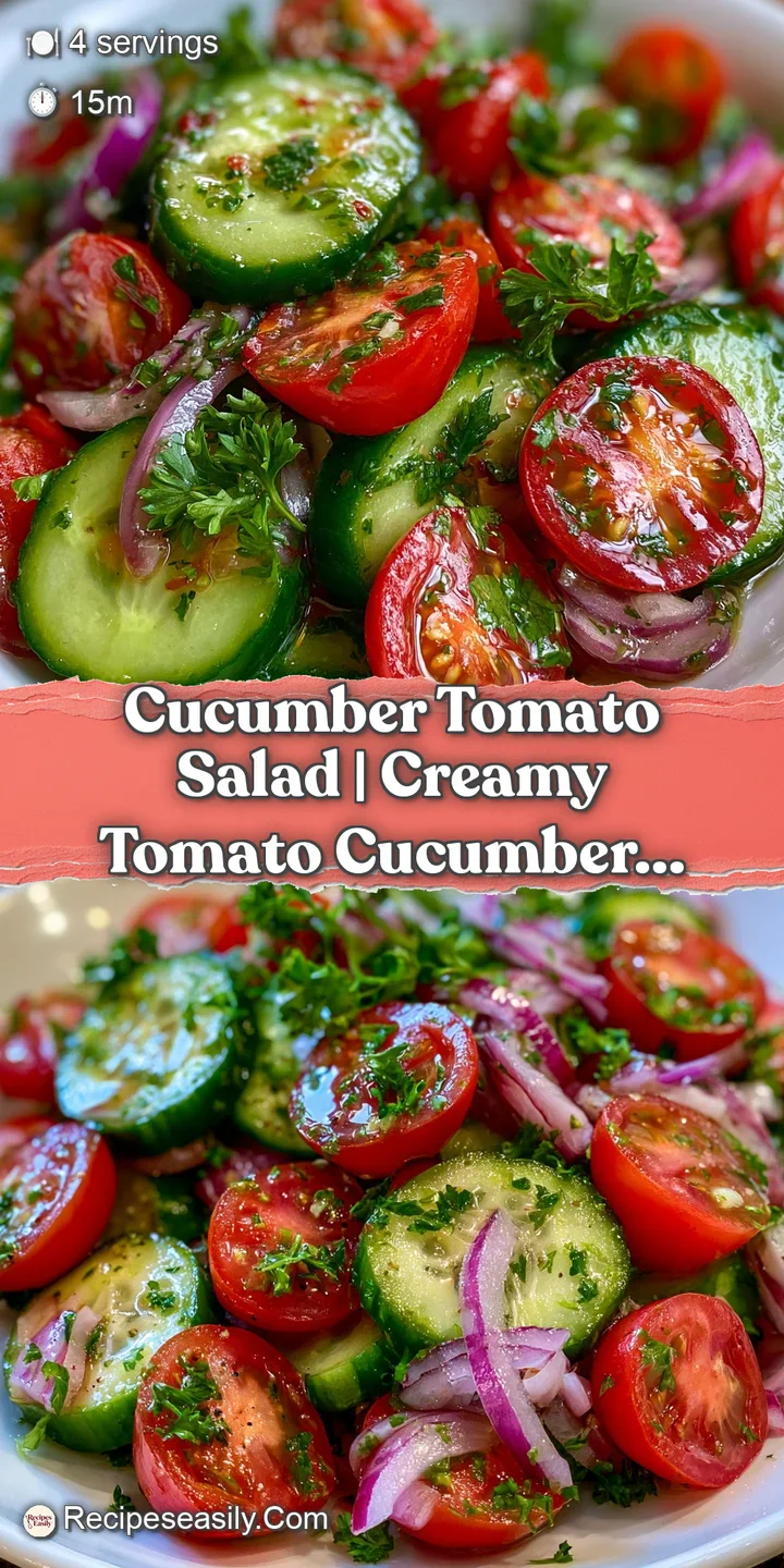 Extreme close-up of glistening tomato wedges and crisp cucumber moons coated in a light, zesty herb-infused dressing.