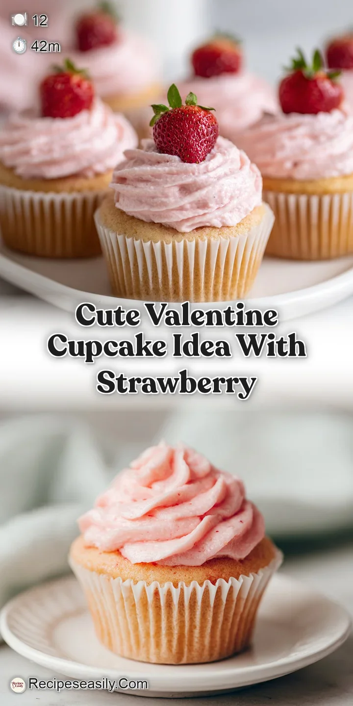 Close-up of a luscious pink cupcake, showcasing the creamy frosting, heart sprinkles, and juicy red strawberry. Irresistible!