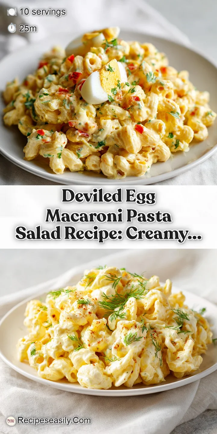 Close-up of a creamy, rich macaroni salad. Soft pasta and smooth deviled egg offer textural contrast.