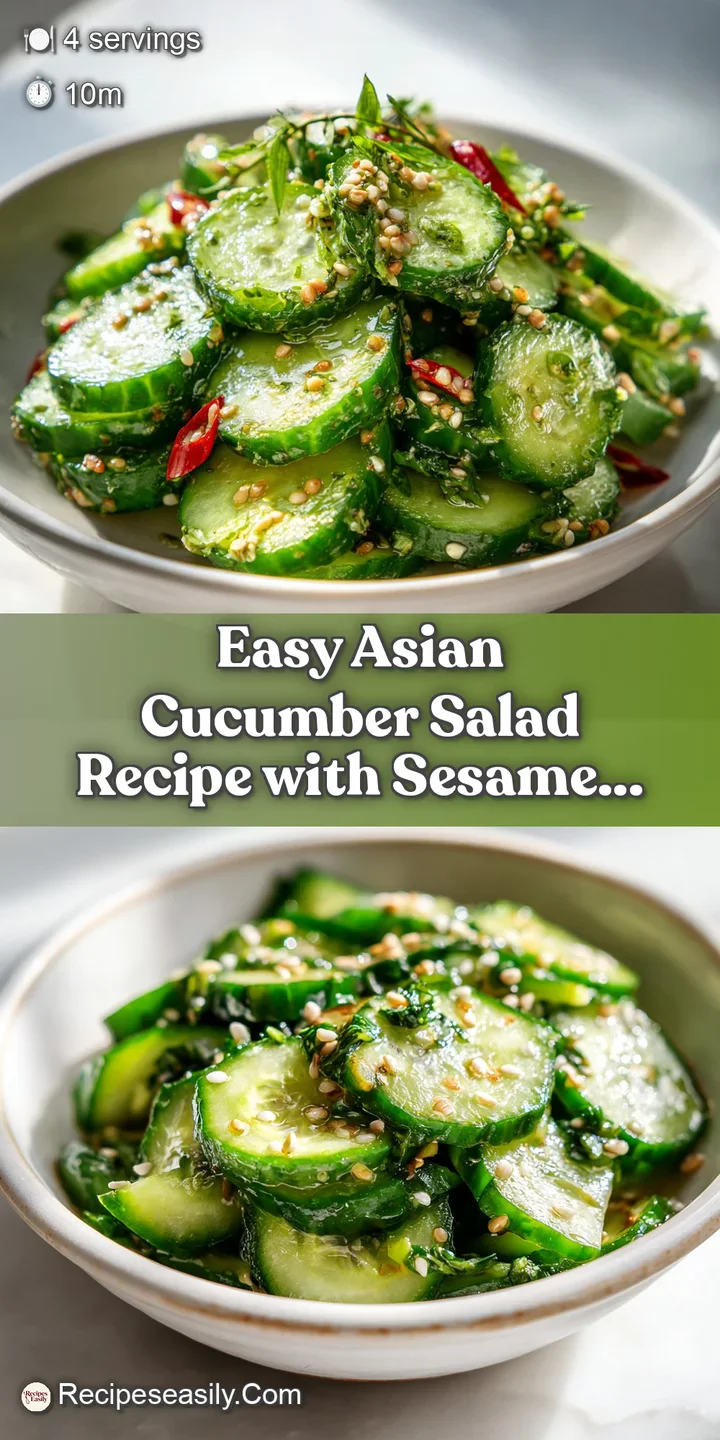 Close-up of crisp cucumber salad glistening with a light dressing. Sesame seeds and chili flakes add inviting texture to t...
