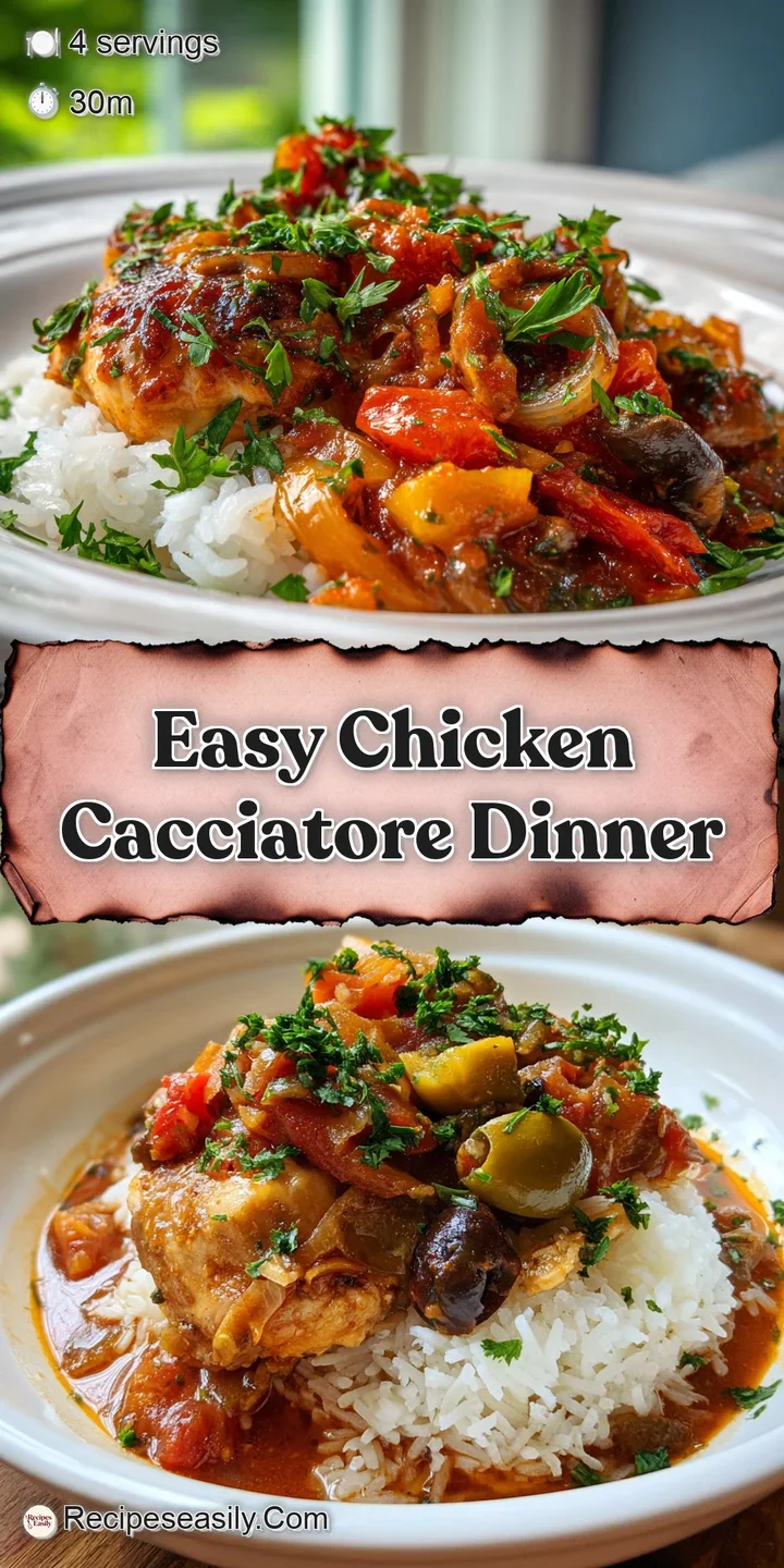Close-up reveals tender chicken cacciatore: vibrant tomatoes, herbs, and peppers glistening in savory, inviting sauce.