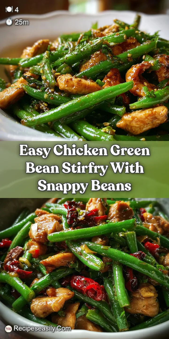 Close-up view of a flavorful chicken and green bean stir-fry, highlighting the glossy sauce and textures of each ingredient.