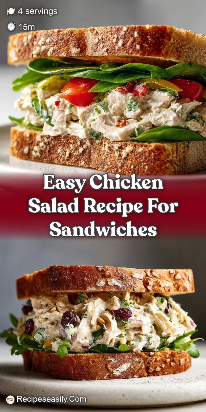 Close-up view of chunky chicken salad with mayonnaise coating. Chunks of chicken, celery, and herbs visible with creamy te...