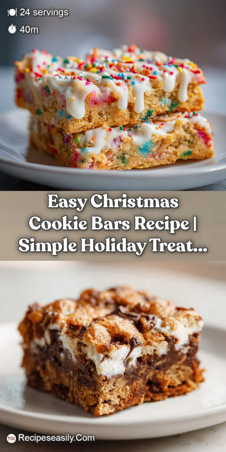 Close-up of a Christmas cookie bar showing layers of soft cookie, icing, and festive sprinkles. Soft focus and warm lighti...