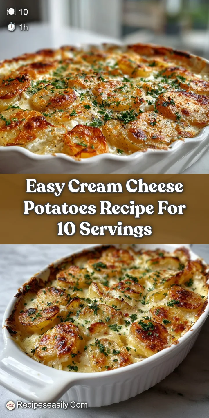 Close-up of creamy, cheesy potatoes, browned on top with visible herbs. Warm steam rises from the savory dish.