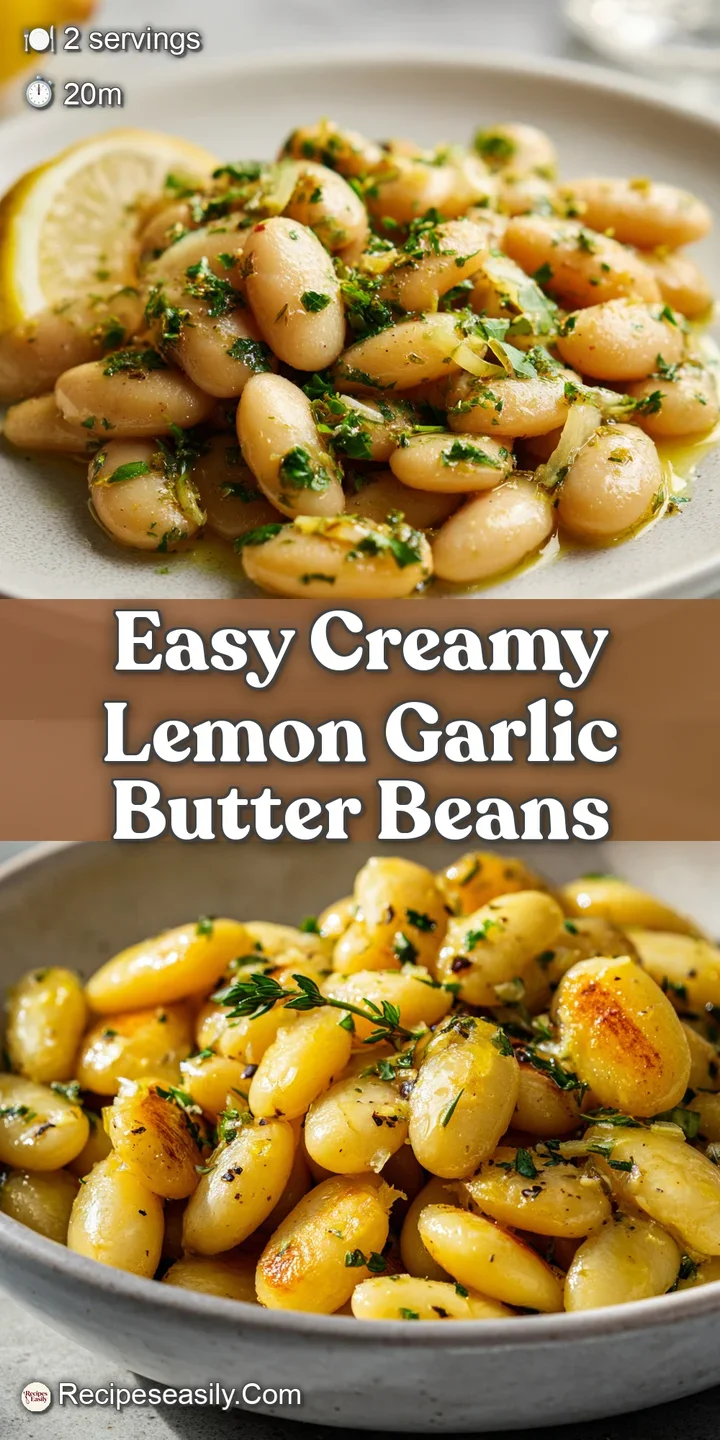 Close-up reveals the creamy texture of lemon-garlic butter beans, speckled with bright herbs and a glistening sauce.