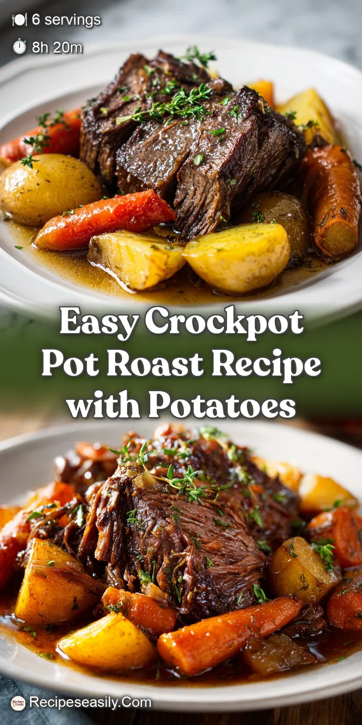 Close-up of fall-apart pot roast with bits of soft carrot and potato, swimming in a thick, deeply flavorful, brown gravy.