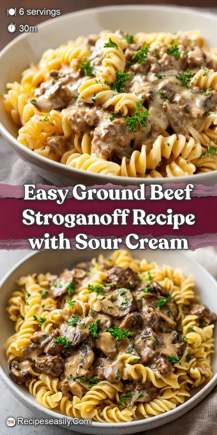 Close-up view of glistening, savory beef stroganoff. Creamy sauce coats tender egg noodles with flecks of herbs and spices...