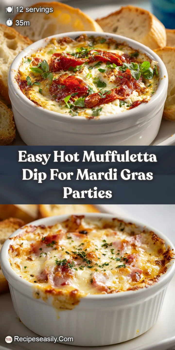 Close-up of hot muffuletta dip showcasing melted provolone, chunks of salami, olives, and colorful pickled vegetables.