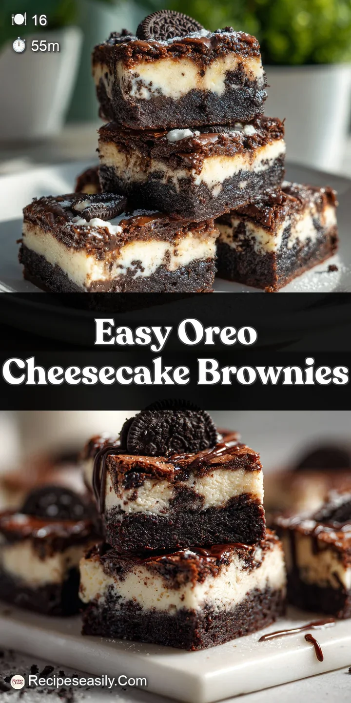 Close-up of a rich brownie featuring the striking black and white contrast of an Oreo cookie nestled in a creamy cheesecak...