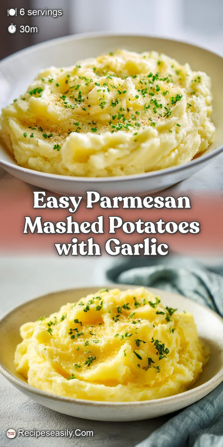 Close-up view of steaming, ivory-colored mashed potatoes, laced with golden melted butter and grated parmesan cheese, hint...