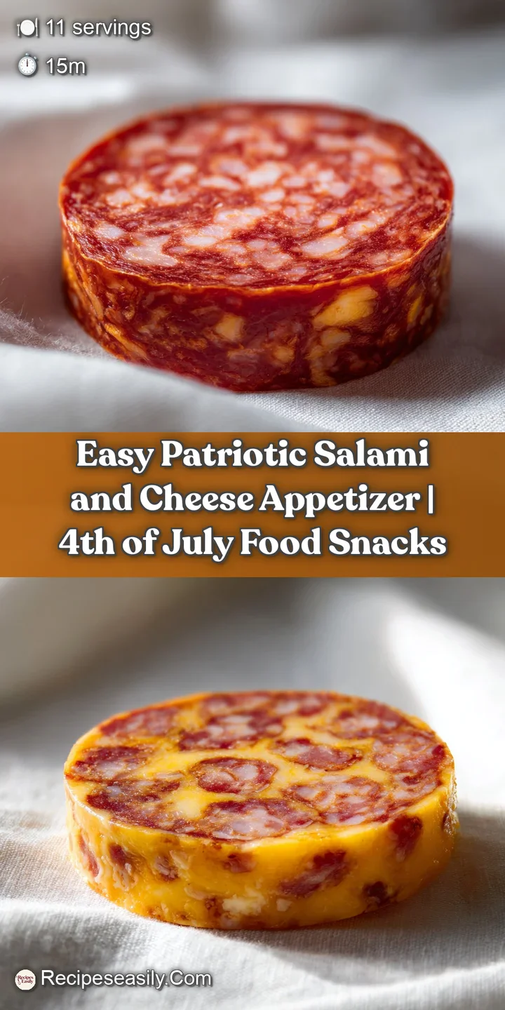 Close-up on vibrant red salami, creamy white cheese stars, and juicy blueberries on a patriotic appetizer skewer, showcasi...