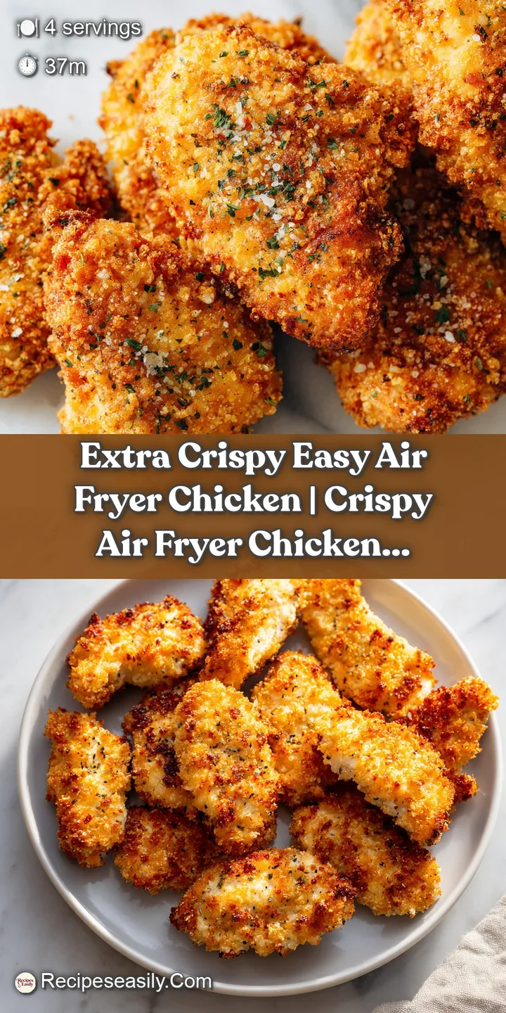 Close-up of extra crispy air fryer chicken, showing the browned, textured skin and tempting, succulent interior.